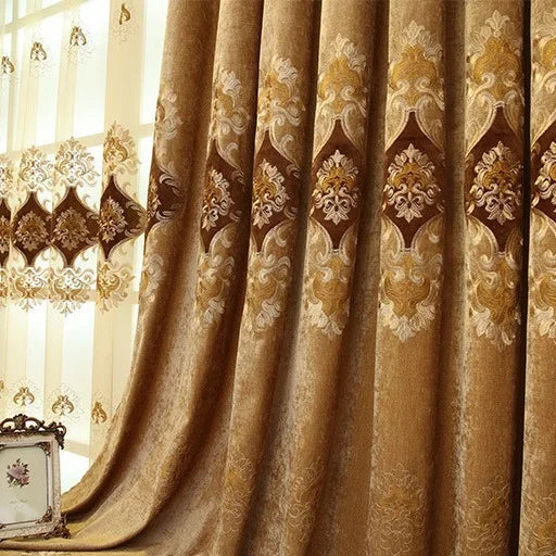Floral Embroidered Chenille Grommet Top Light Blocking Curtains