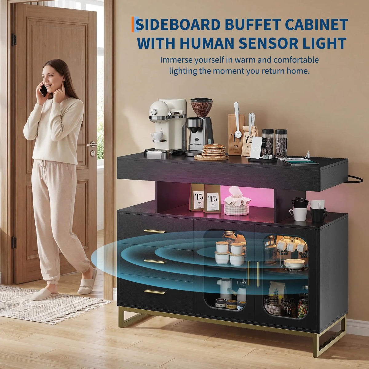 HiMiss Modern Sideboard With LED Lights And Charging Station