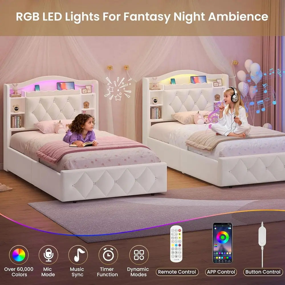 Luxury Velvet Upholstered Bed With Integrated Storage And Led Lighting
