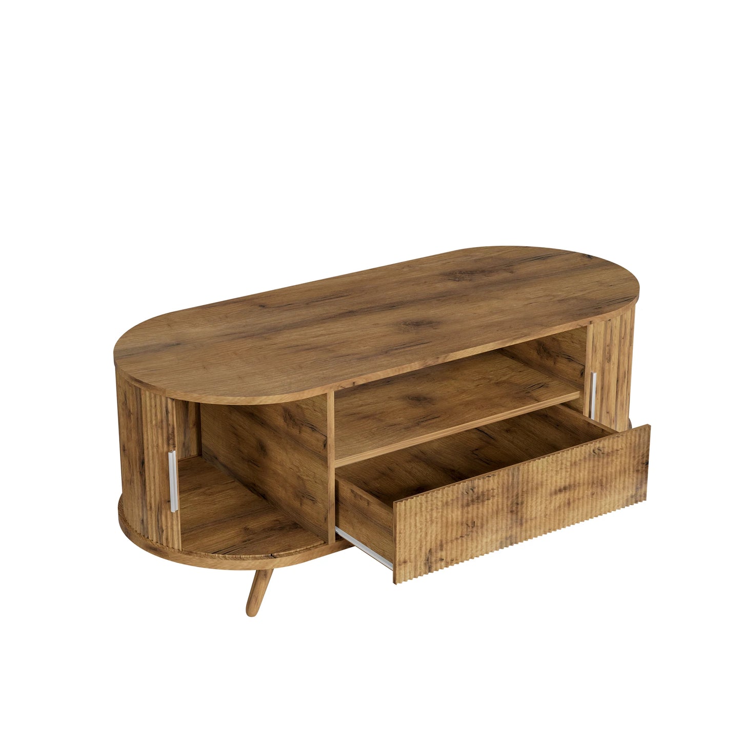 Modern Oval Coffee Table With Storage Drawer And Sliding Doors