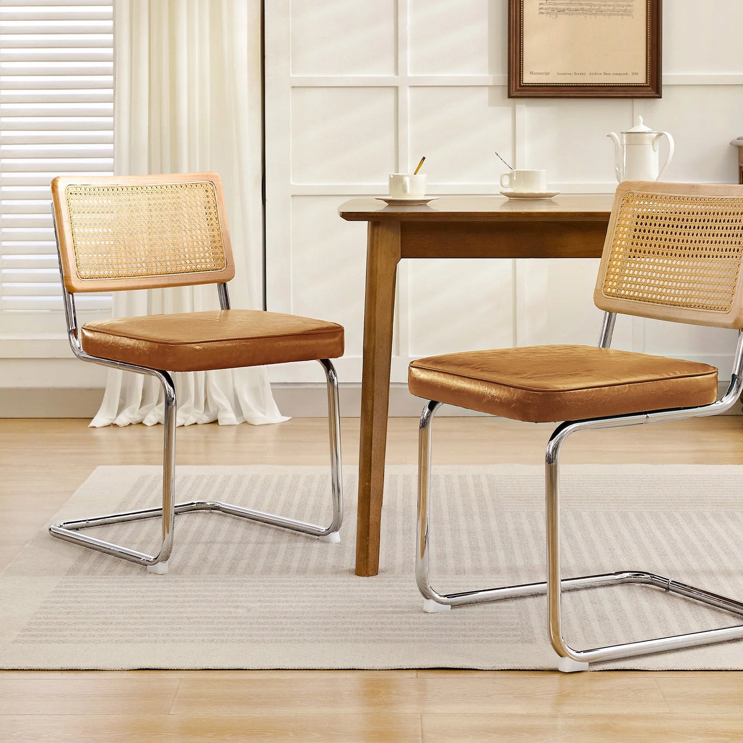 KERDOM Mid Century Rattan Dining Chair Set Chrome PU Seating