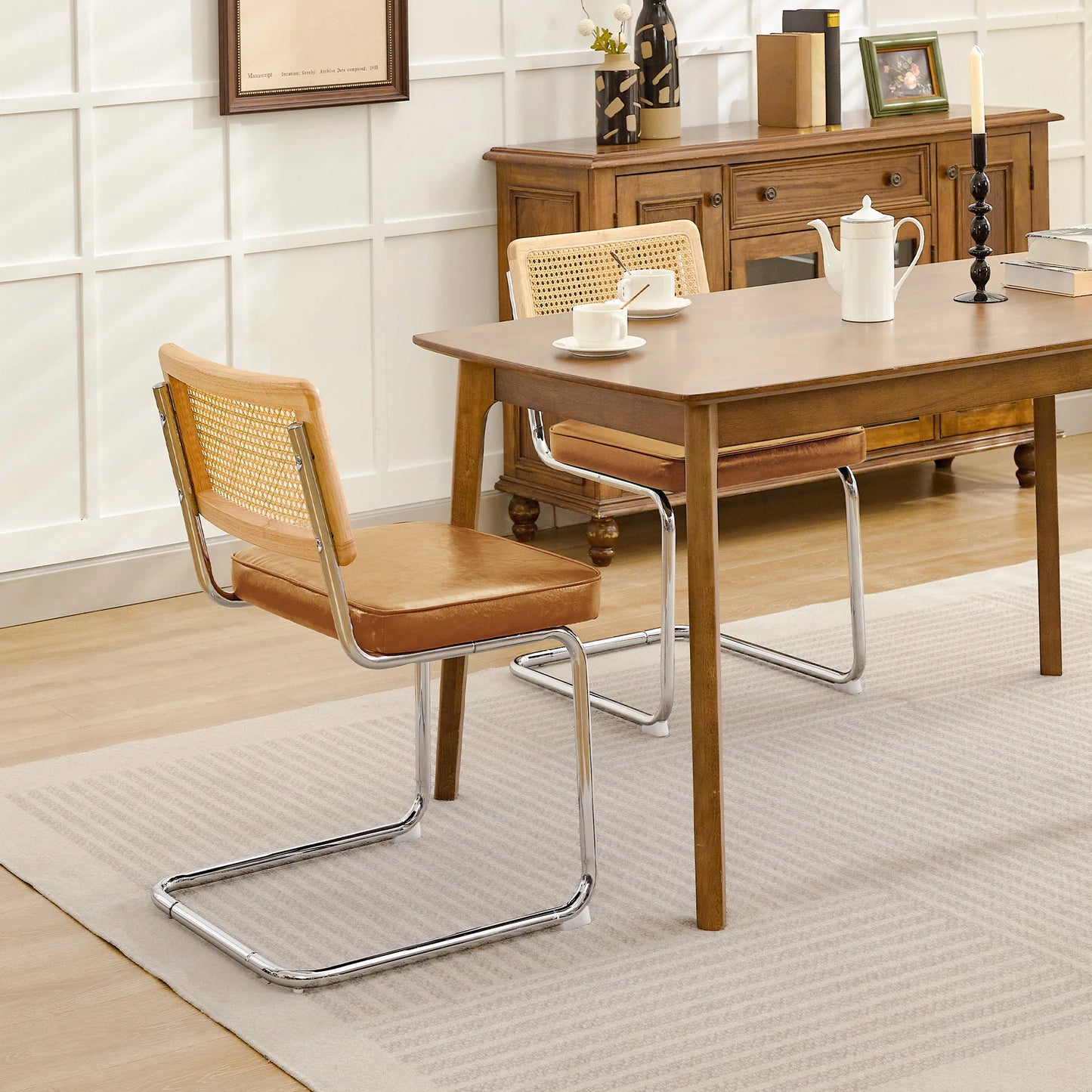 KERDOM Mid Century Rattan Dining Chair Set Chrome PU Seating