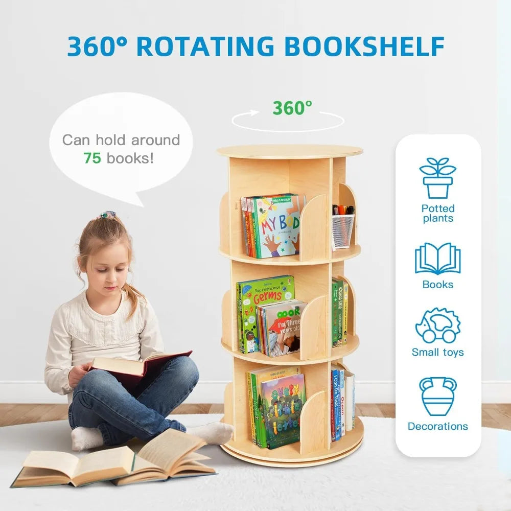 DAFIFY Kids 360 Degree Rotating Corner Bookshelf 3-Tier Floor Display