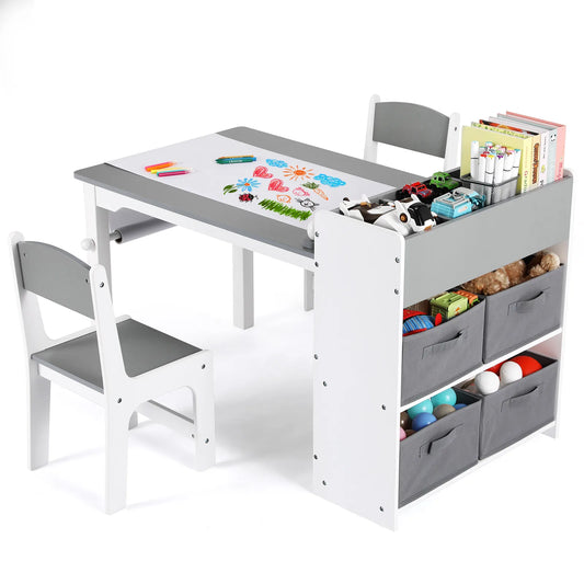 AuAg Kids Art Table And Chair Set With Storage Shelves Canvas Bins
