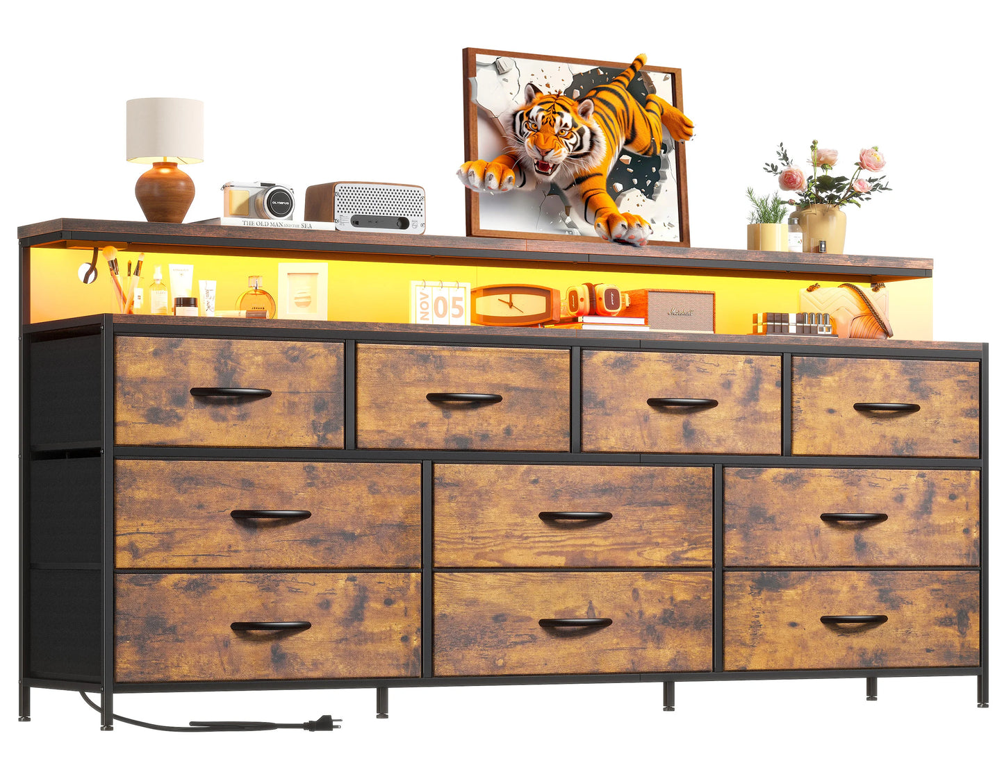 Smart Dresser with LED Lighting and Power Outlets, Metal Frame