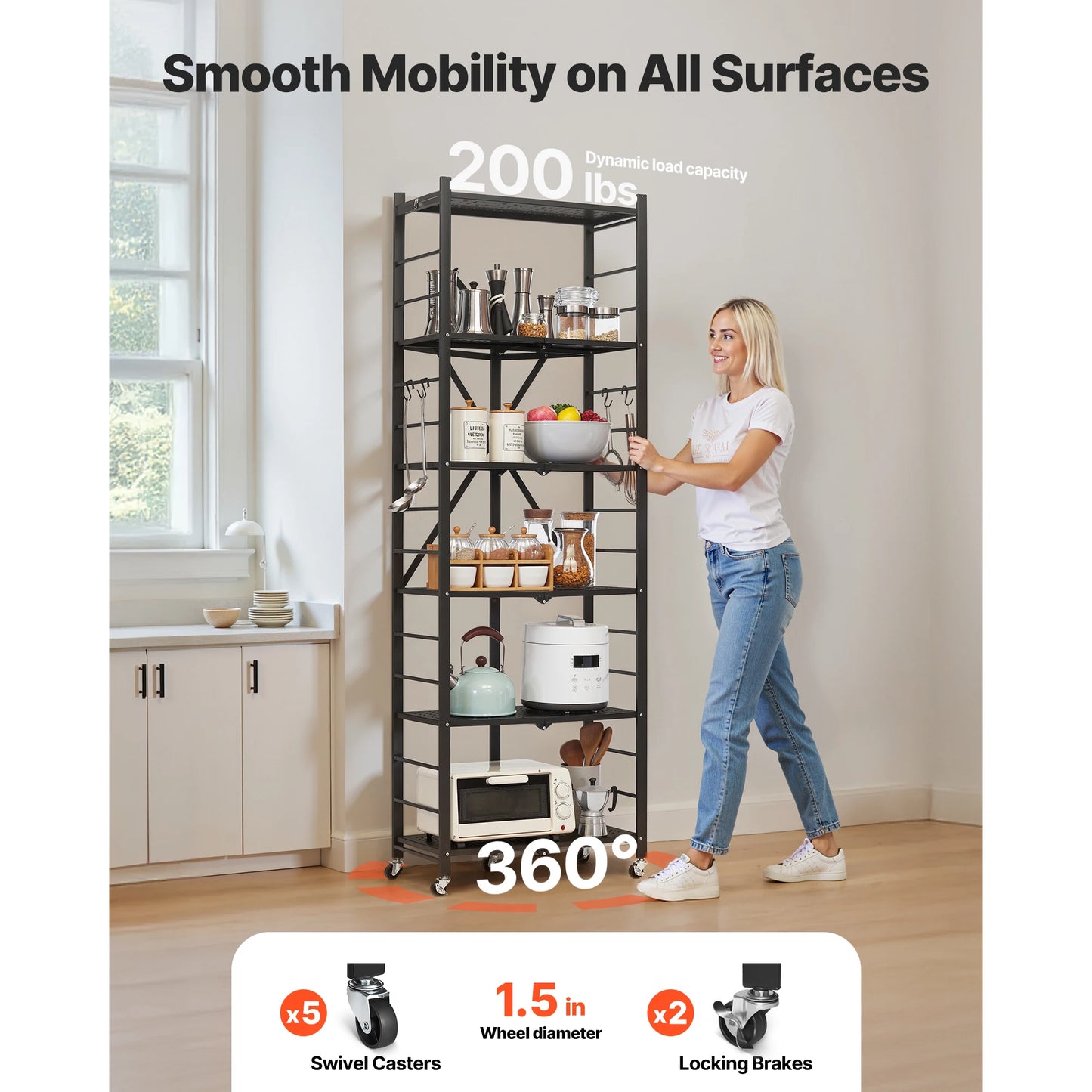 SucceBuy Foldable Rolling Storage Shelf With Metal Rack Organizer