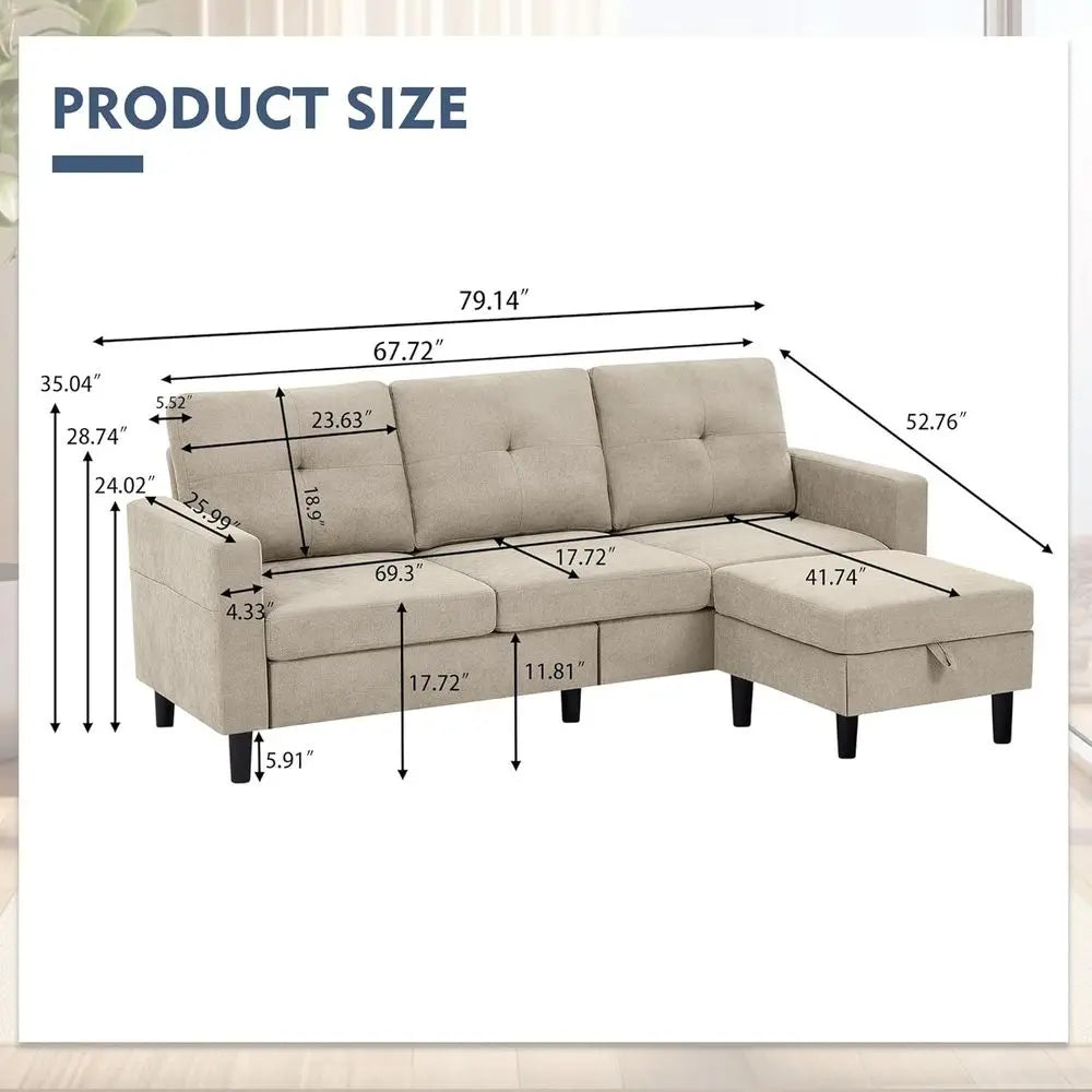 Convertible L Shaped Sectional Sofa With Reversible Storage Chaise