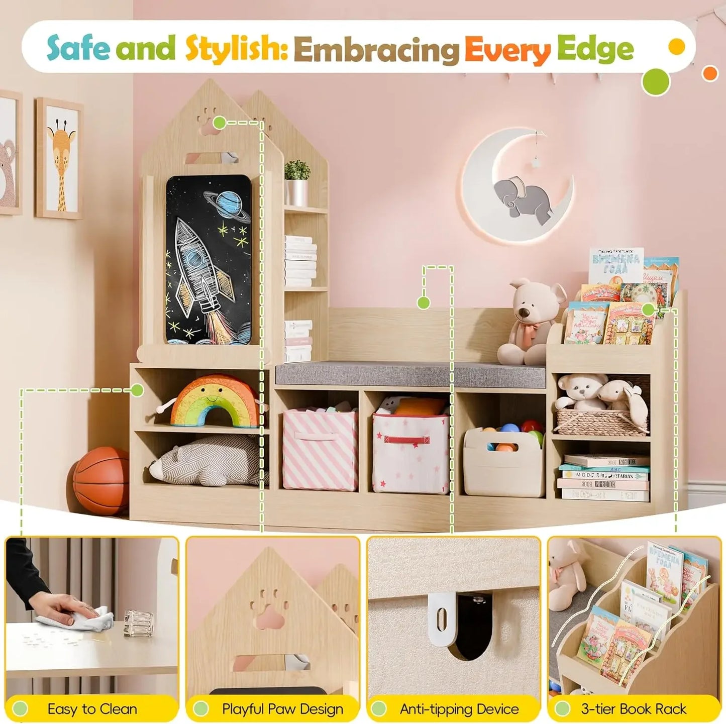 Kids Bookshelf With Reading Nook And Chalkboard Bench