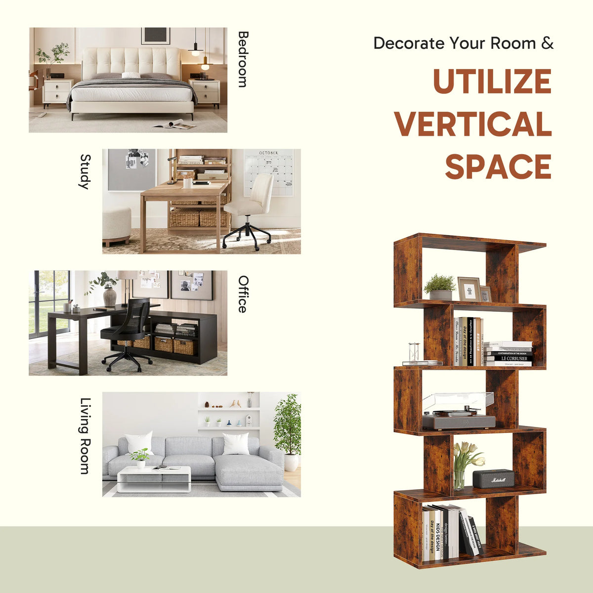 JHK Geometric S Shaped Five Tier Wooden Display Bookshelf