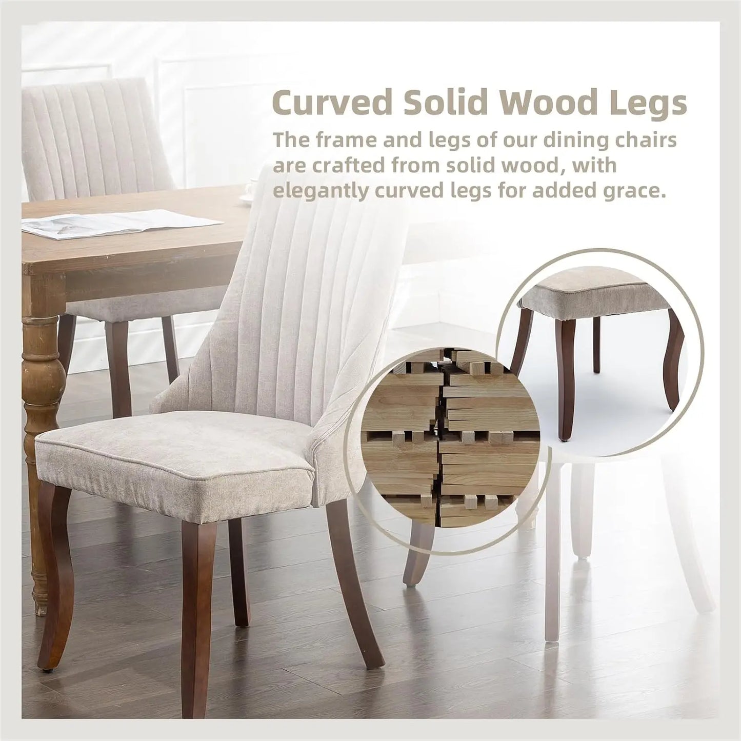 Linen Channel Tufted Dining Chairs With Curved Solid Wood Legs