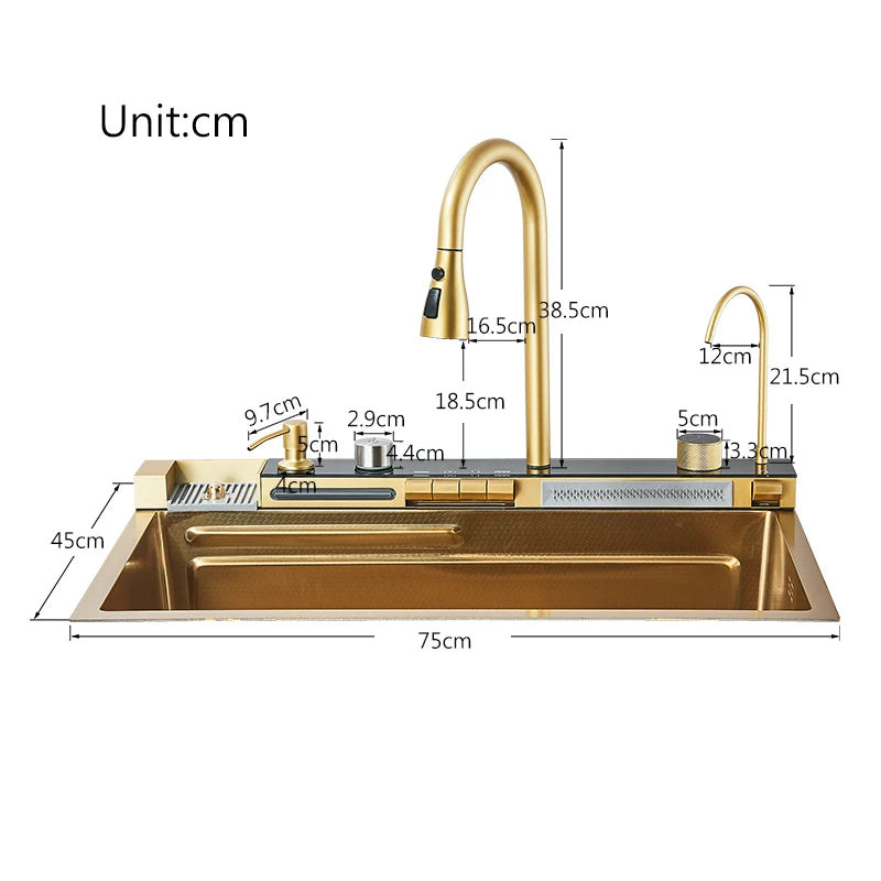 Brushed Golden Smart Digital Display Kitchen Sink Set With Waterfall Faucet