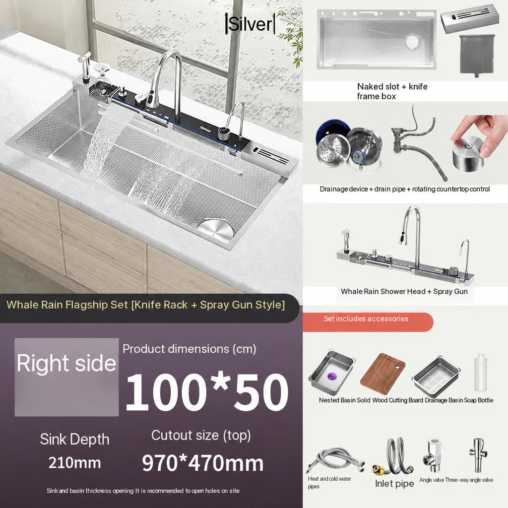 Nianronghua Stainless Steel Kitchen Sink With Digital Display Waterfall Faucet