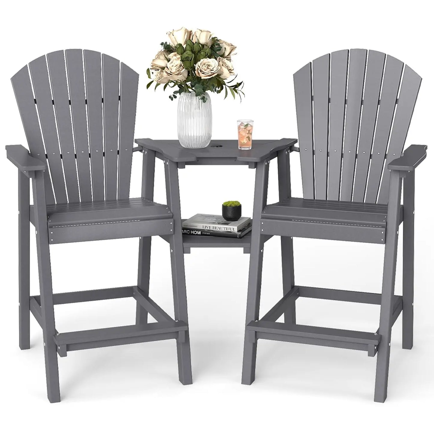 Tall Adirondack Chair Set Of Two With Bar Height Double Connecting Tray Outdoor