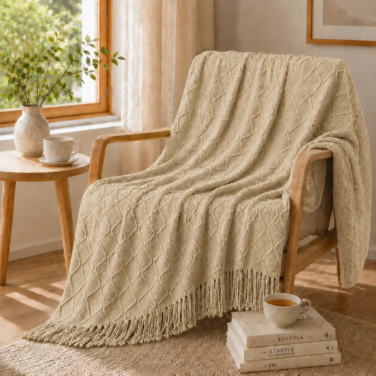Textured Bobble Diamond Knit Throw Blanket Featuring Tassel Fringe