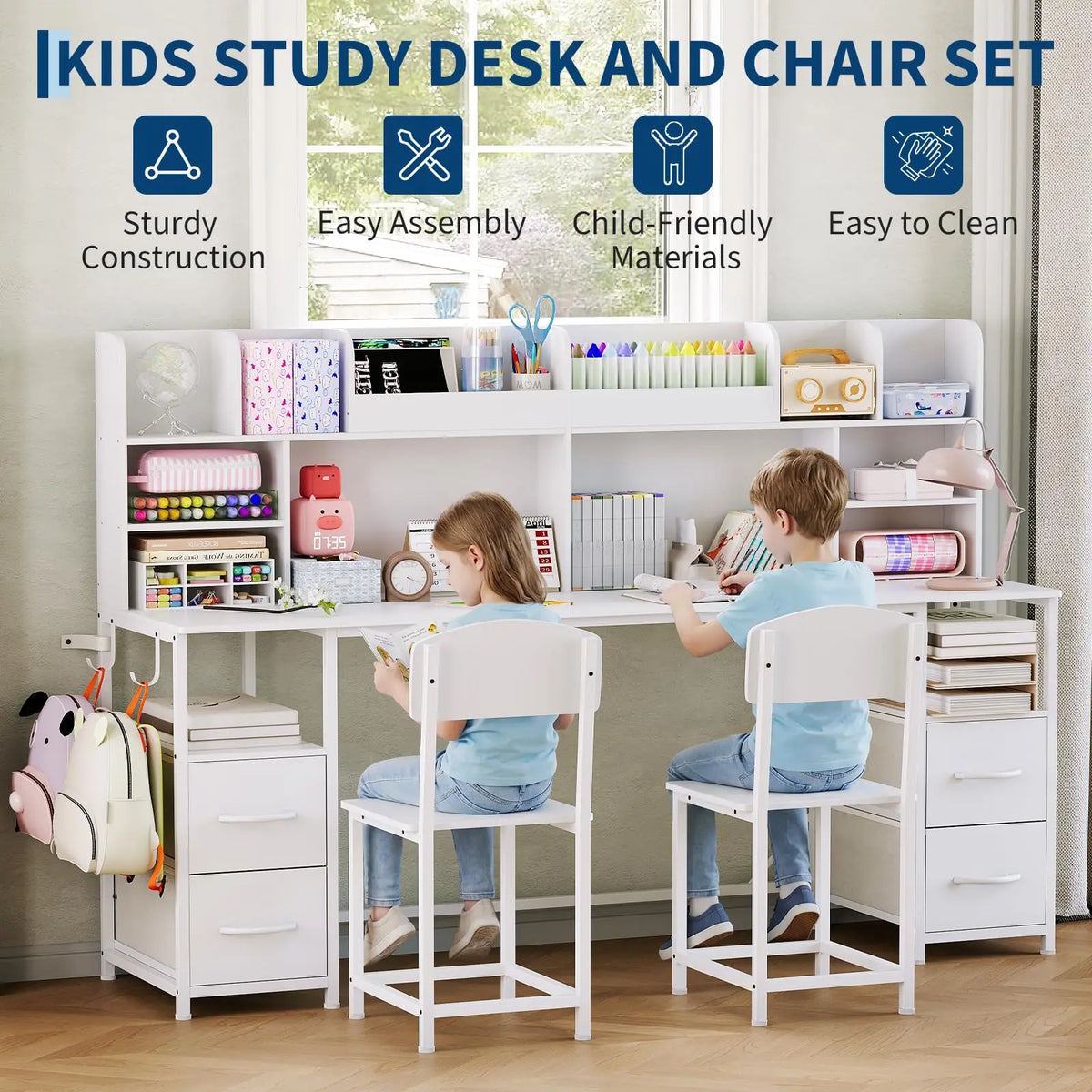 HiMISS Double Kids Desk And Chair Set With Hutch Storage