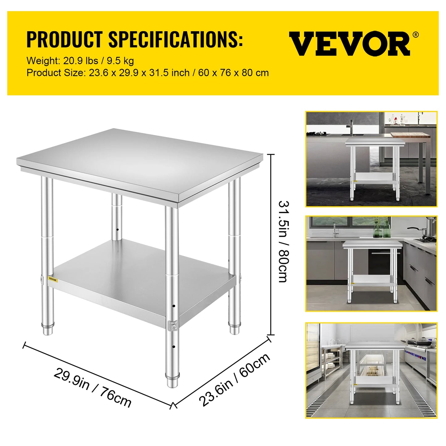 Commercial Kitchen Work Bench With Undershelf Stainless Steel 330LBS