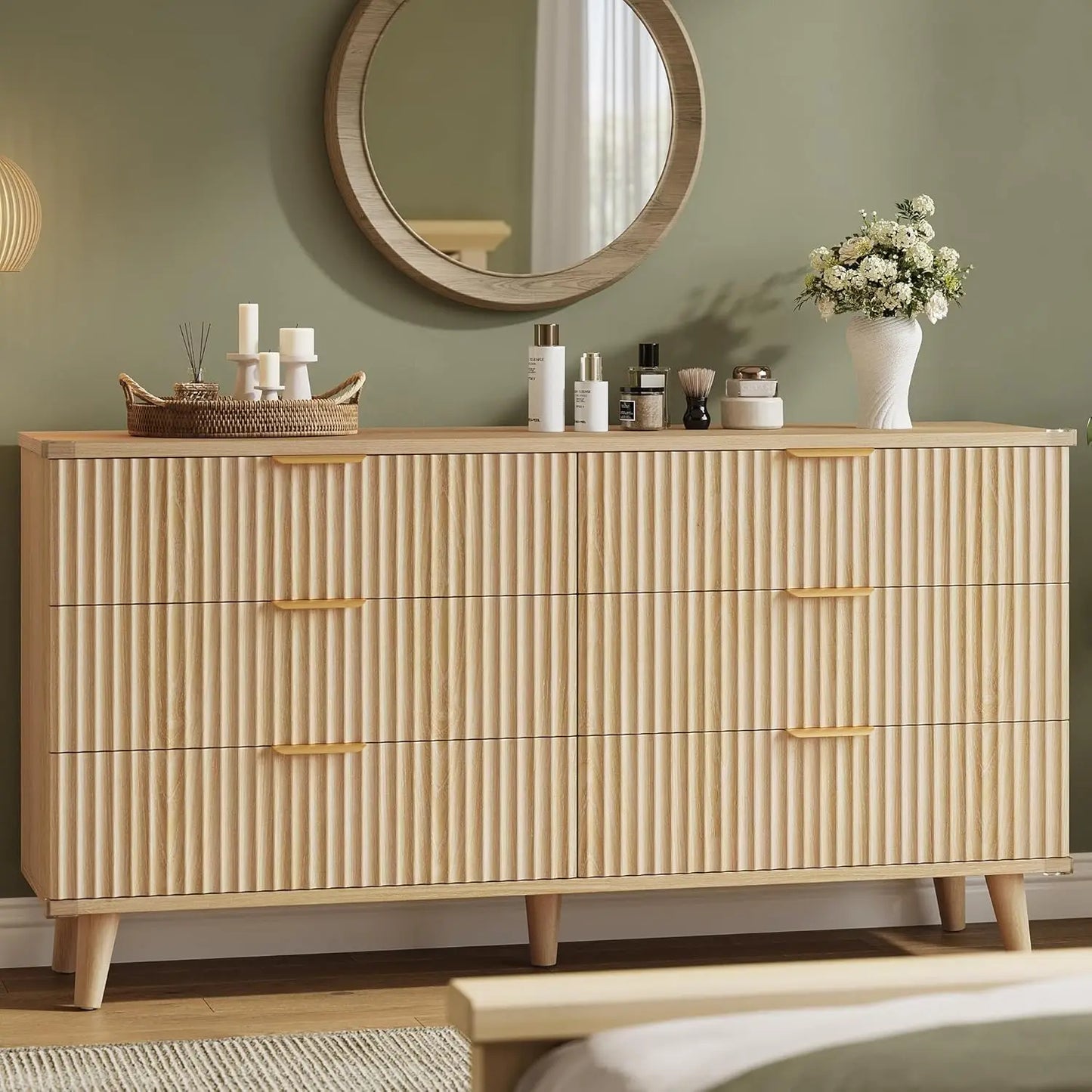 Wood Dresser for Bedroom Fluted Modern Chest of Drawers 6 Drawers