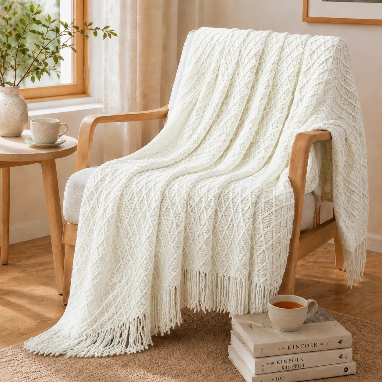 Textured Bobble Diamond Knit Throw Blanket Featuring Tassel Fringe