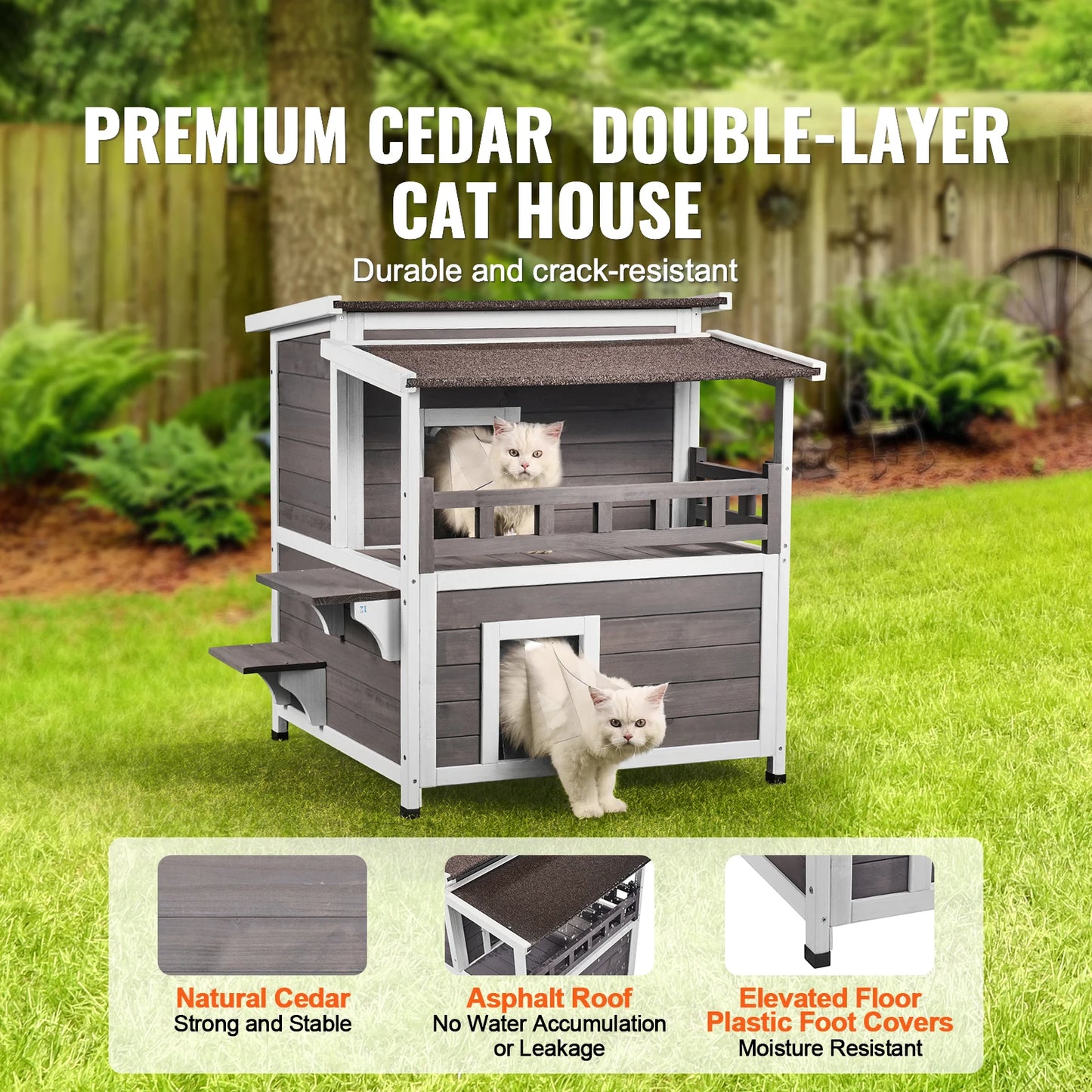SucceBuy Outdoor Cat House Weatherproof Cedar Shelter With Balcony