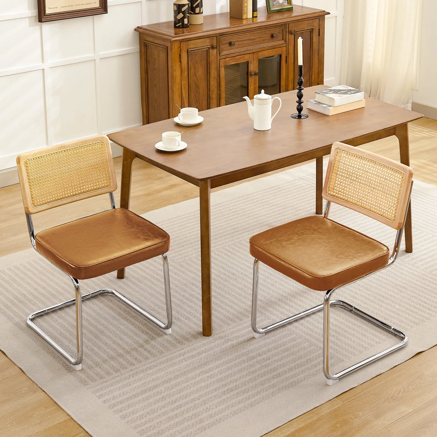 KERDOM Mid Century Rattan Dining Chair Set Chrome PU Seating