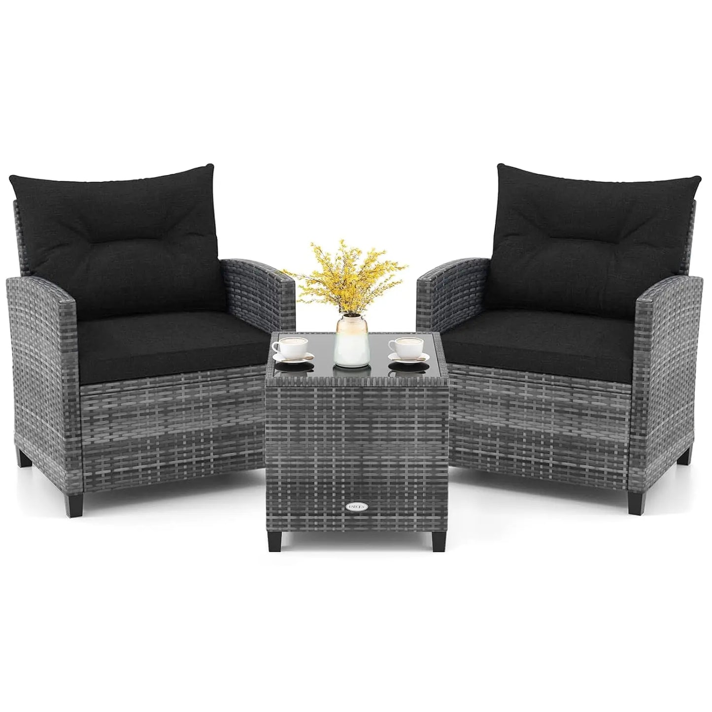 Three Piece Outdoor PE Rattan Patio Set With Glass Tabletop