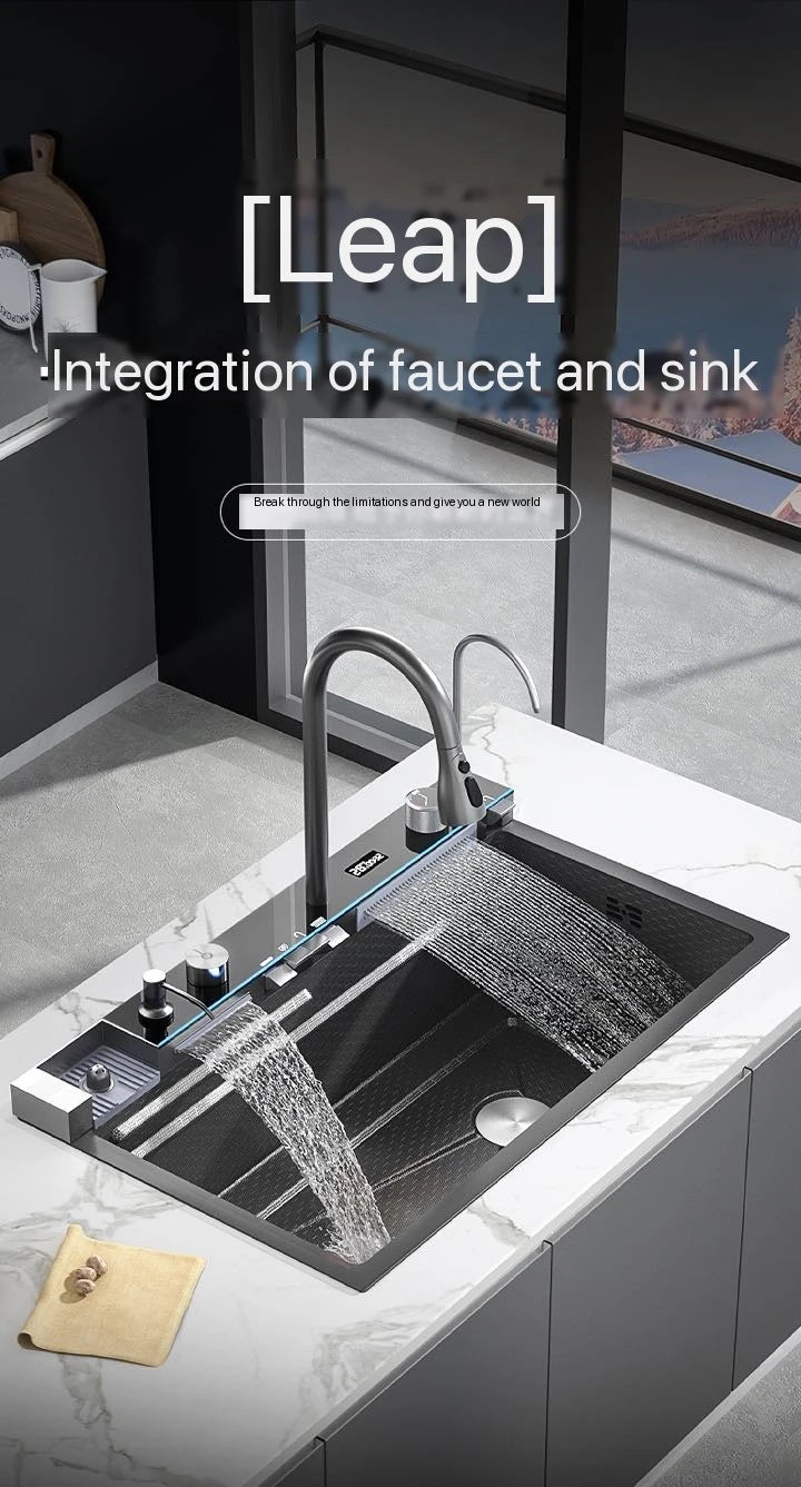 Nianronghua Stainless Steel Kitchen Sink With Digital Display Waterfall Faucet