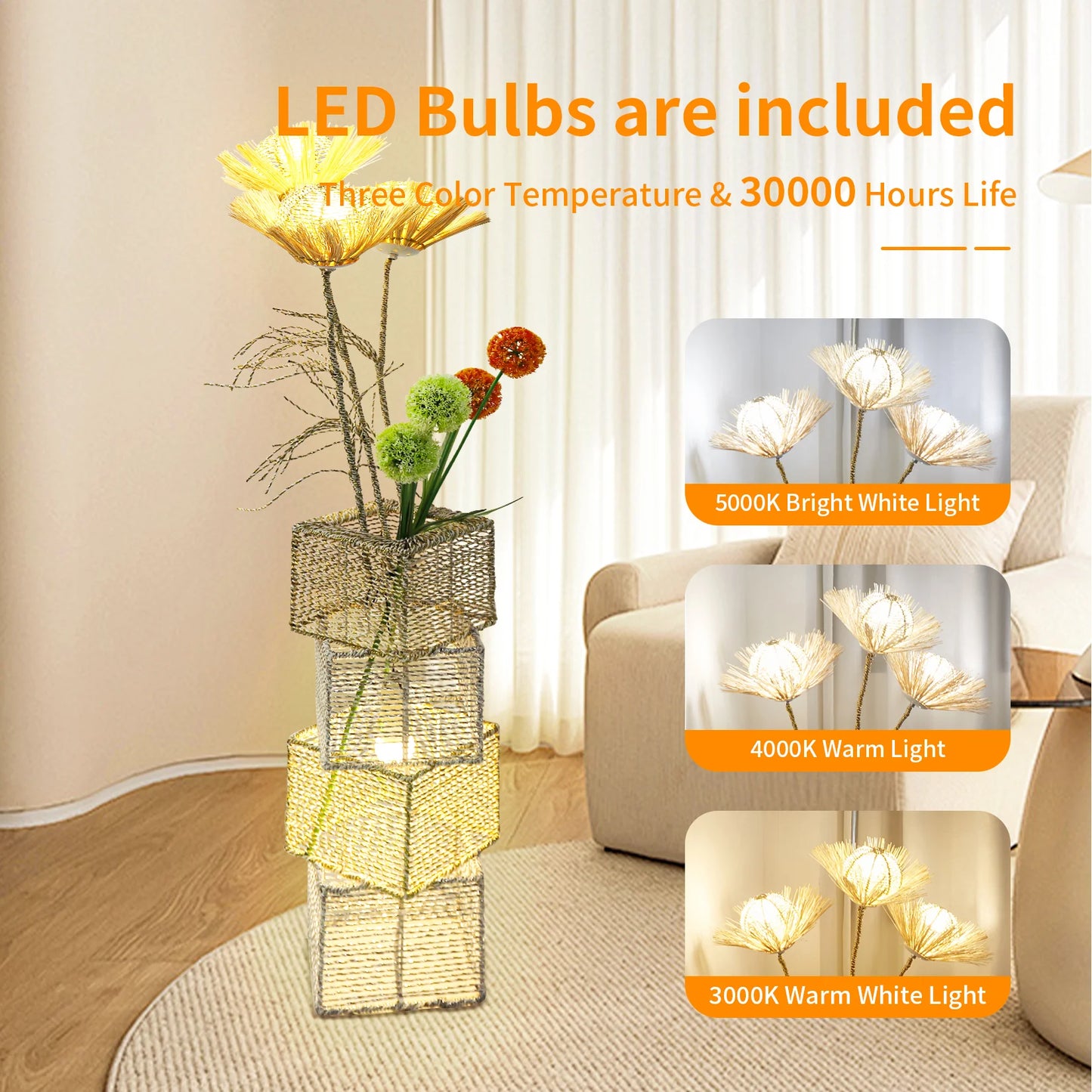 Modern Rattan Floor Lamp Dimmable with LED Bulbs Living Room