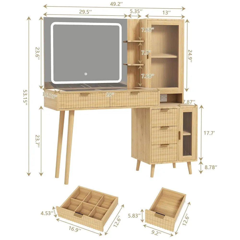 Fluted Boho Vanity Desk With Led Mirror And Charging Station