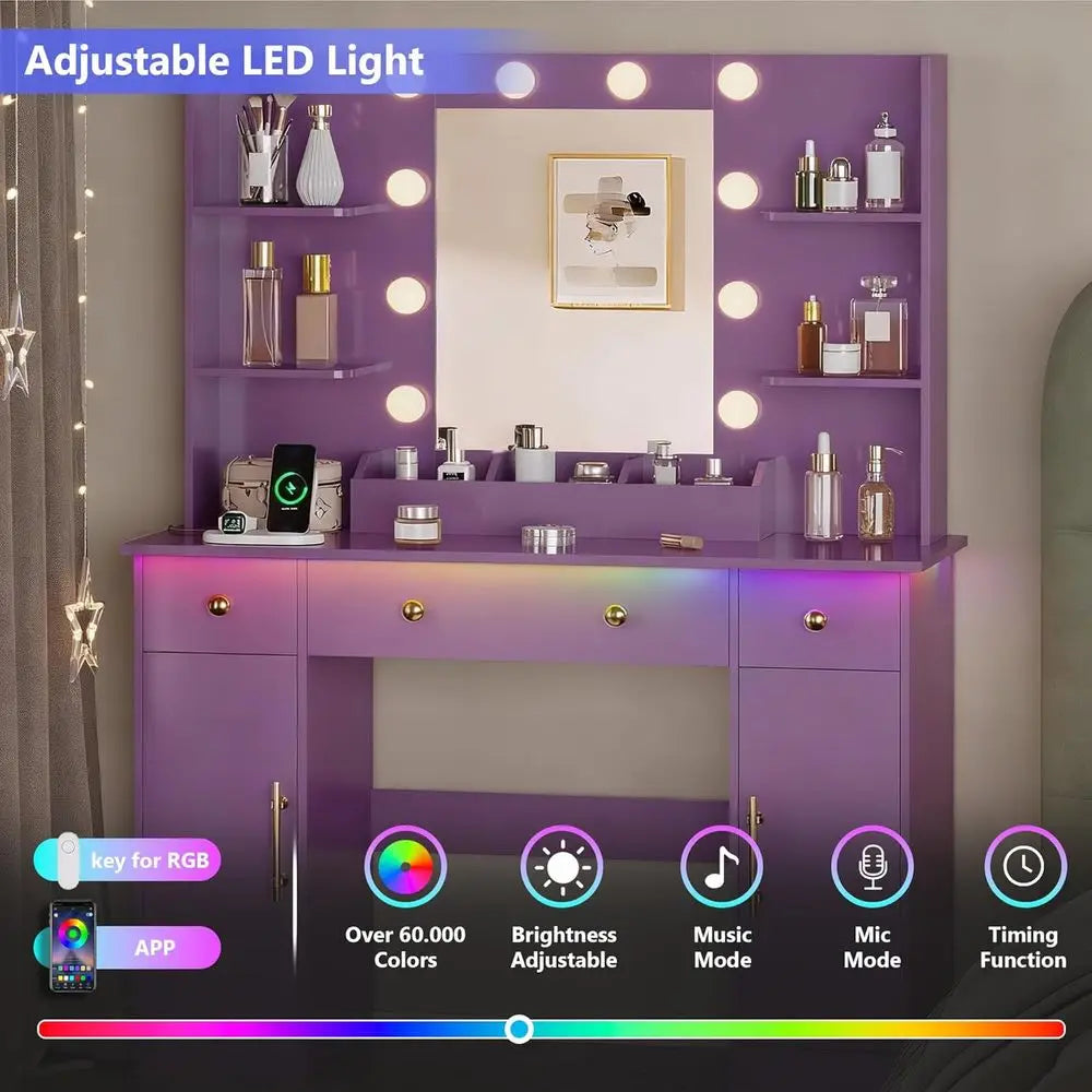 Makeup Vanity Desk With Mirror LED Lighting And Power Outlet