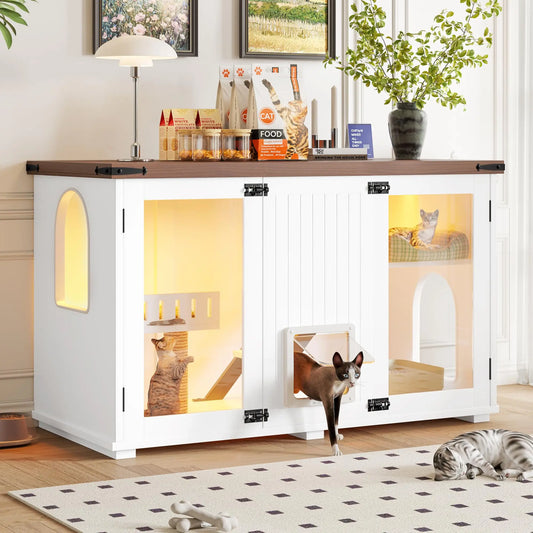 Cat House Litter Box Enclosure With LED Light Scratch Pad Stairs And Smart Doors