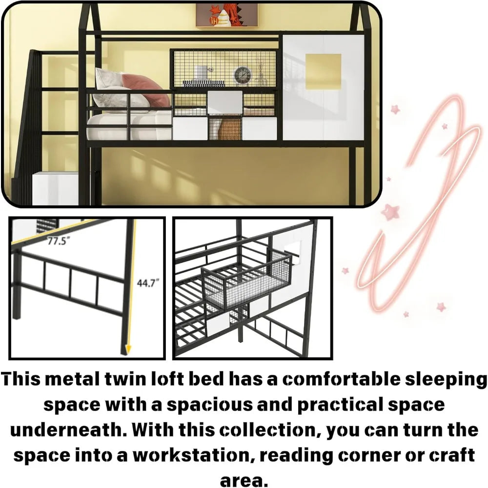 DAFIFY Twin Loft Bed With Stairs And Roof Metal Frame