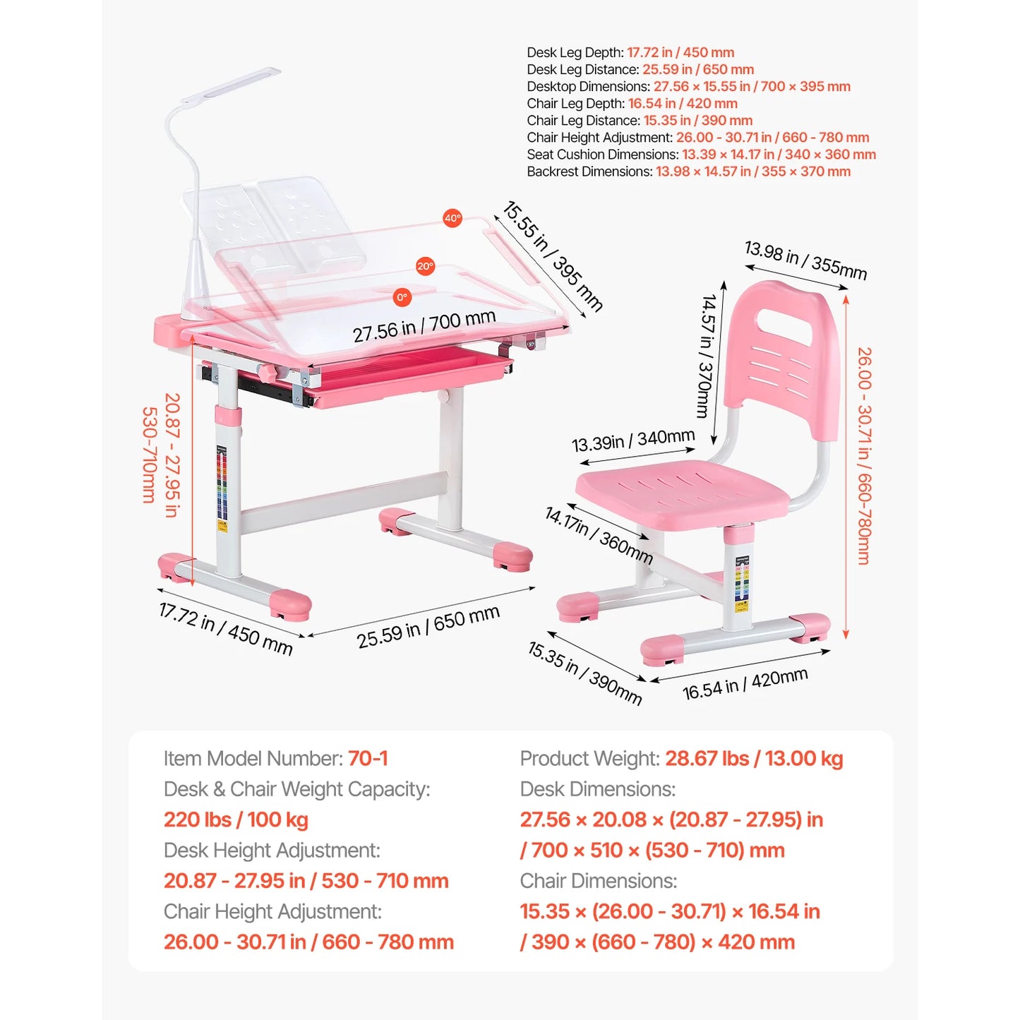 SucceBuy Kids Ergonomic Study Desk And Chair Set With Lamp
