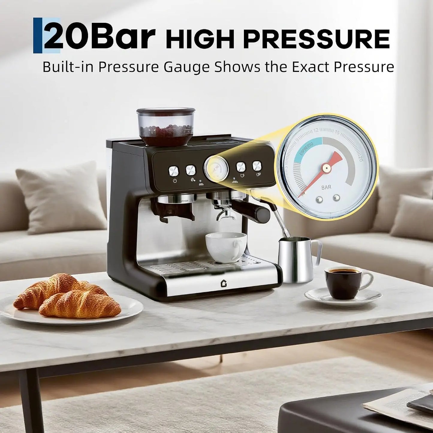 HiMISS Stainless Steel Espresso Machine With Built In Grinder