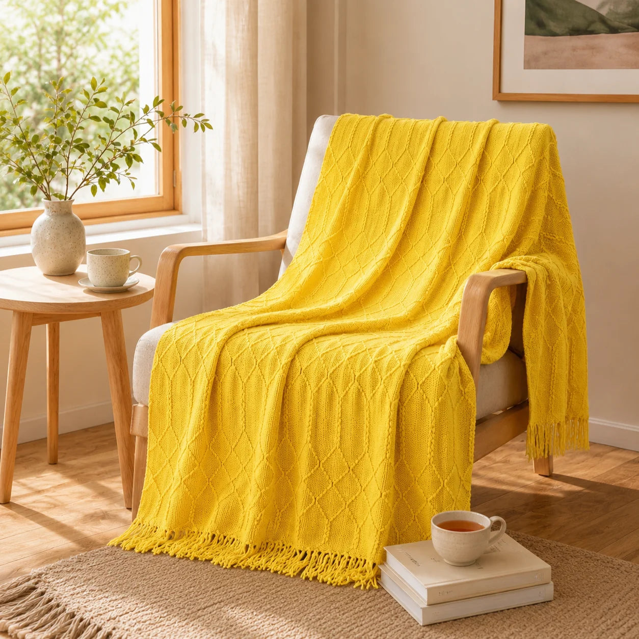 Textured Bobble Diamond Knit Throw Blanket Featuring Tassel Fringe