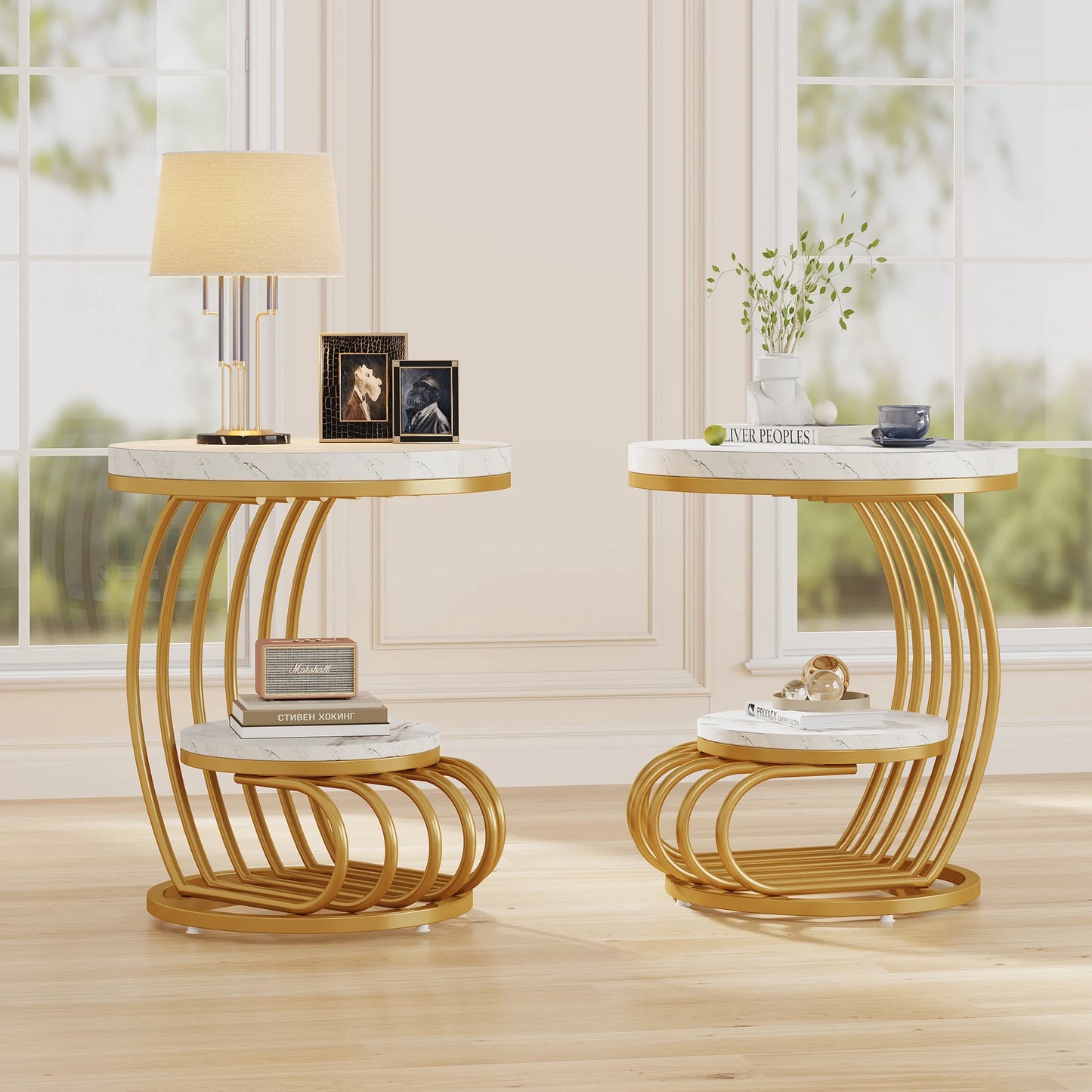 Tribesigns Round End Table With Two Tier Faux Marble Storage