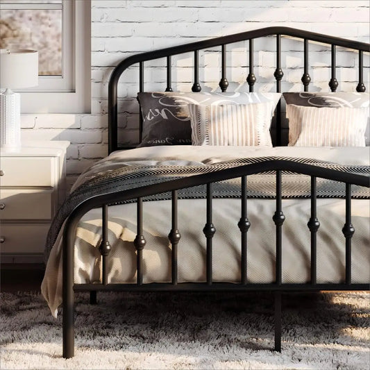 Metal Platform Bed Frame With Victorian Iron Headboard