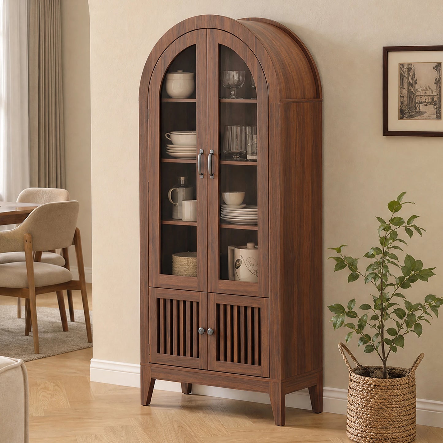 TCGBKAF Modern Farmhouse Arched Display Cabinet With Adjustable Wooden Shelves