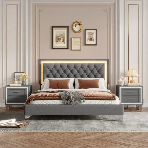 Upholstered Platform Bed With LED Lights And Nightstands
