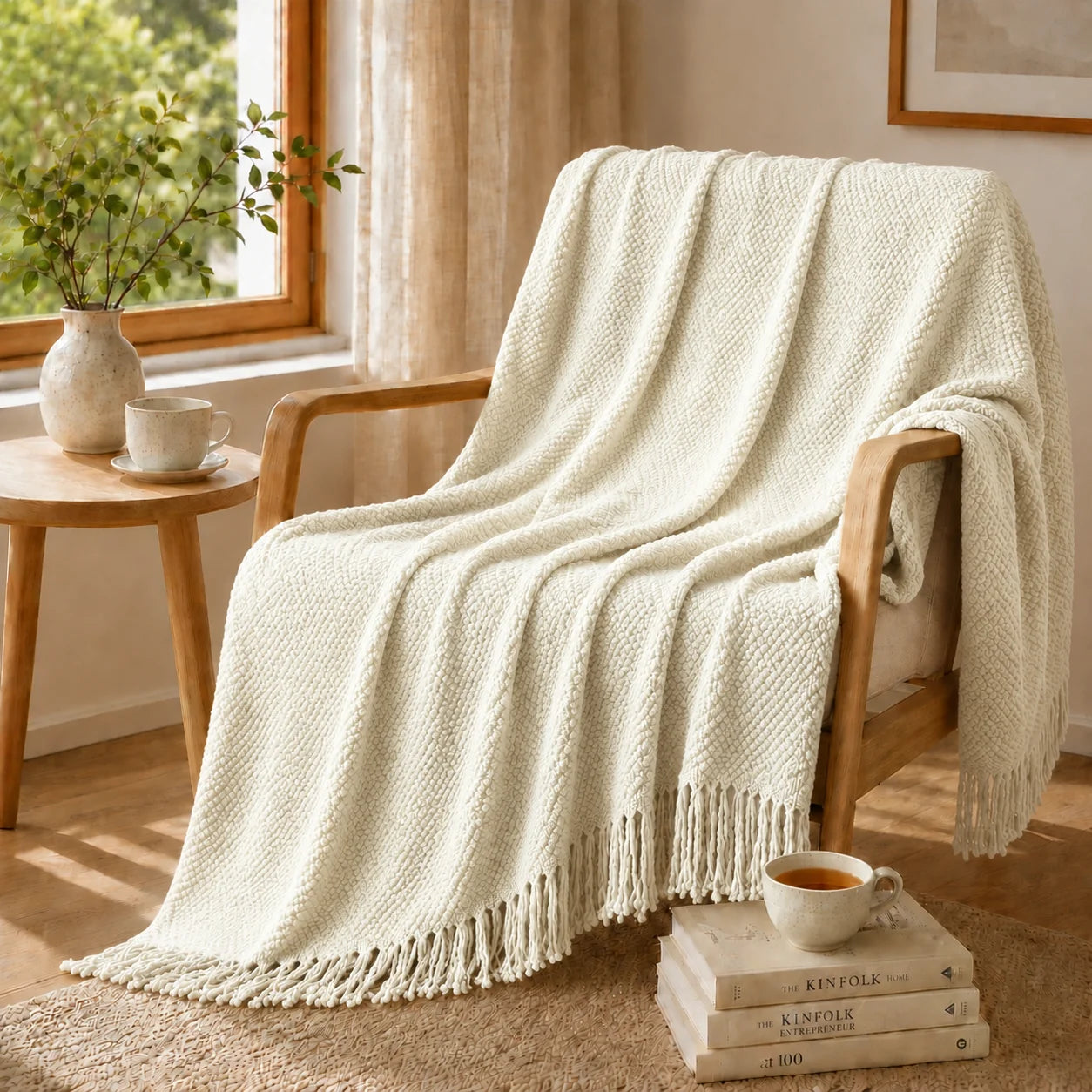 Textured Bobble Diamond Knit Throw Blanket Featuring Tassel Fringe