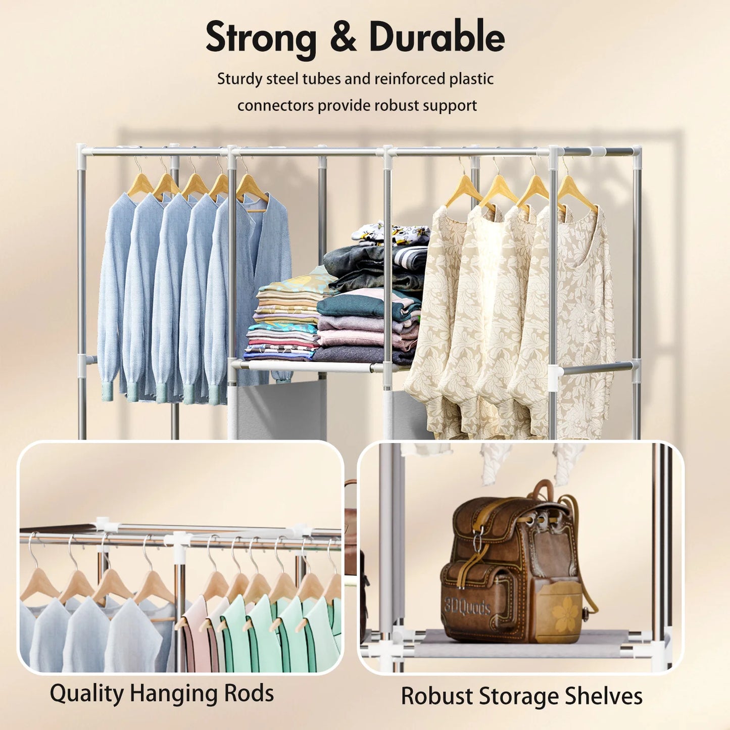 Portable Closet Storage Organizer With Hanging Rod And Fabric Cover