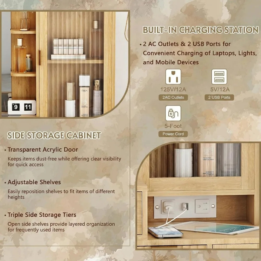 Fluted Boho Vanity Desk With Led Mirror And Charging Station
