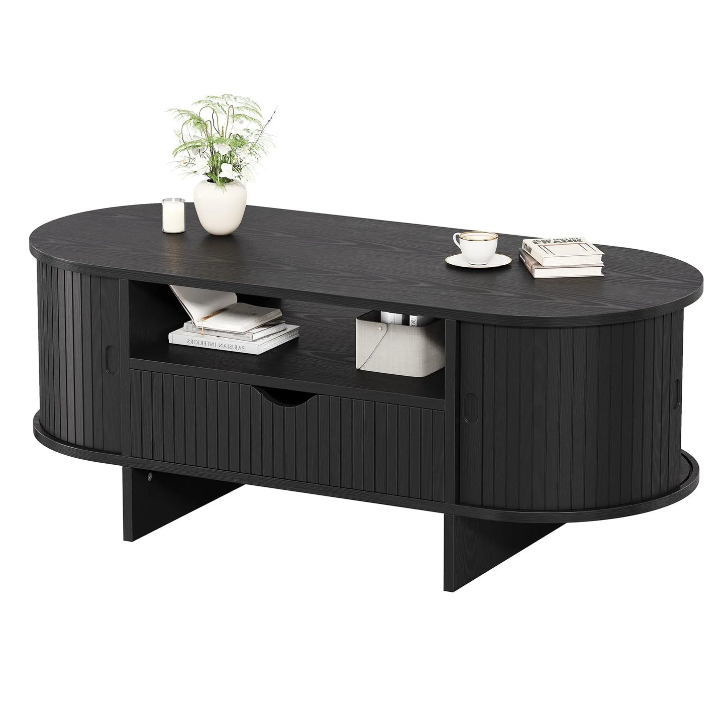 HiMiss Modern Fluted Wood Coffee Table With Storage Cabinet