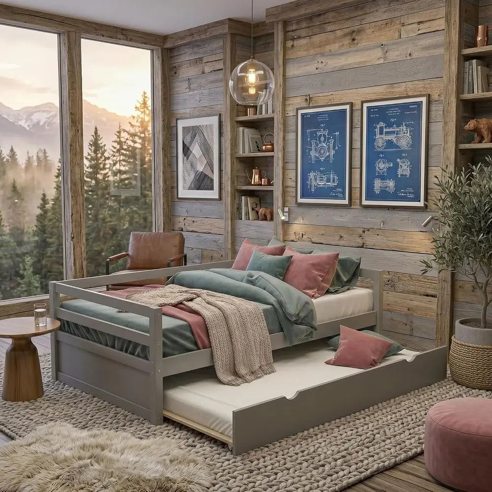 Modern Solid Wood Daybed Platform With Easy Trundle