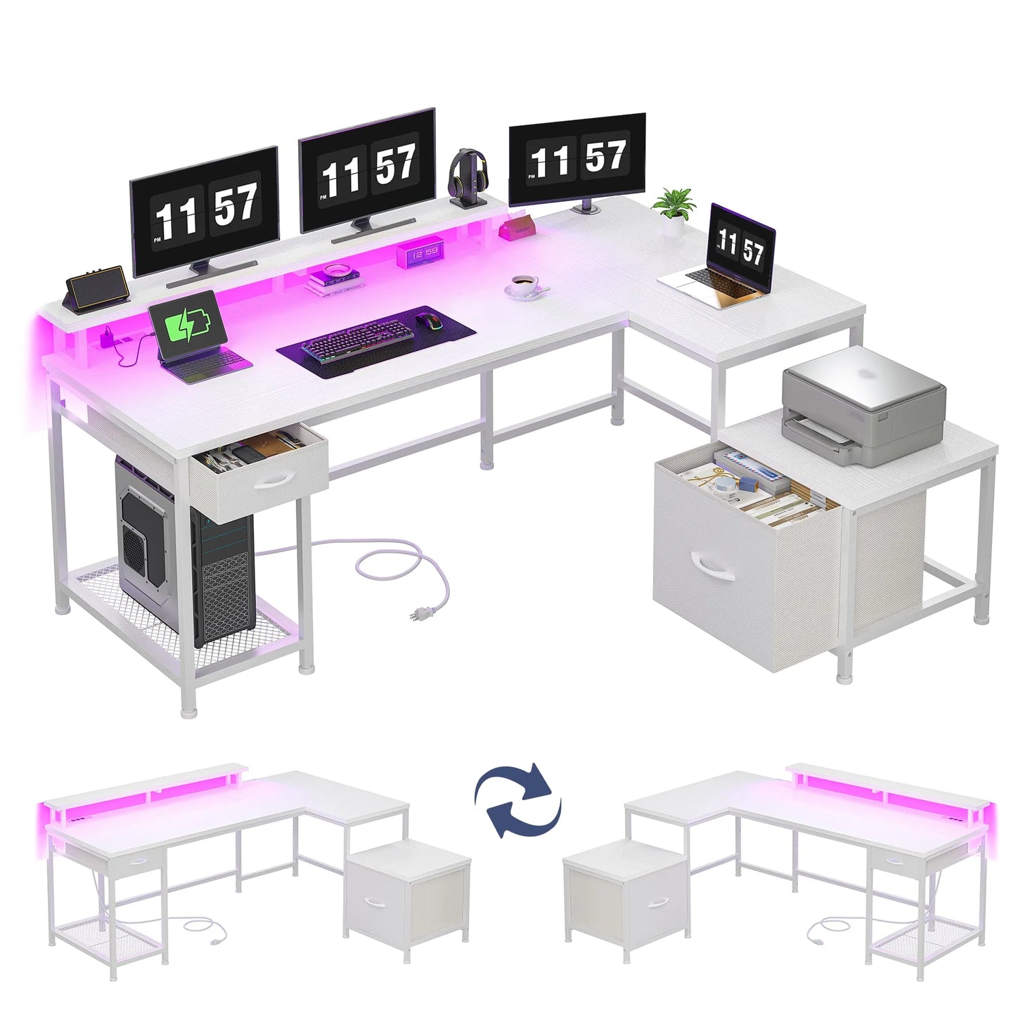 EnHomee L Shaped Gaming Desk With Reversible Corner RGB Lighting