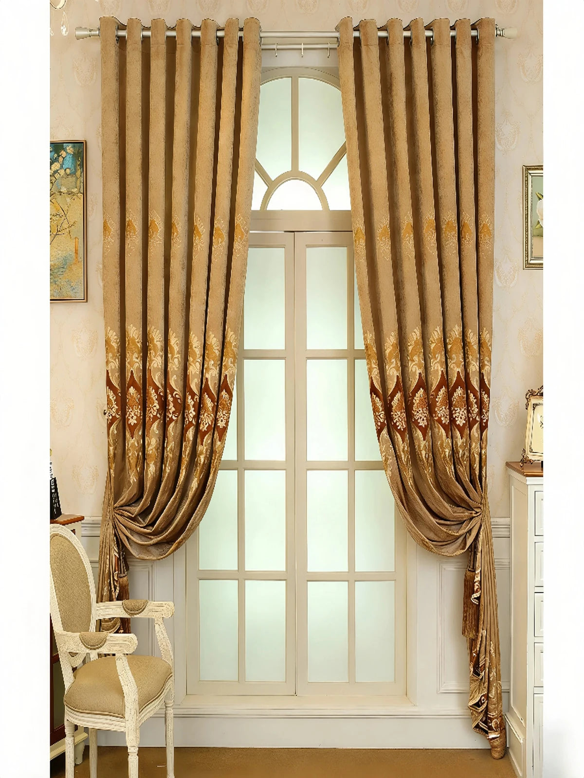 Floral Embroidered Chenille Grommet Top Light Blocking Curtains