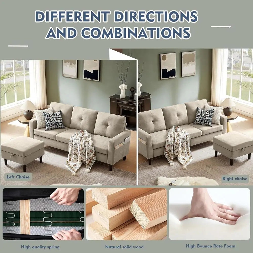 Convertible L Shaped Sectional Sofa With Reversible Storage Chaise