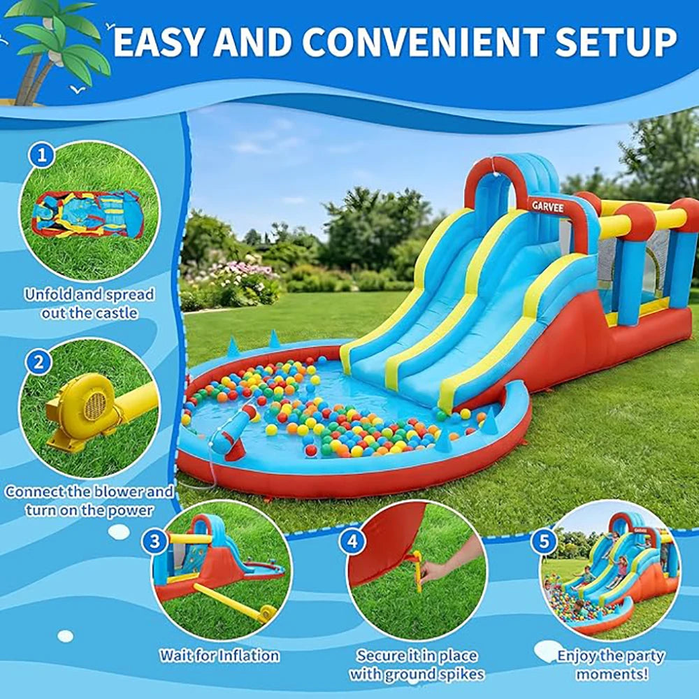 Kids Inflatable Water Park With Double Slides And Climbing Walls