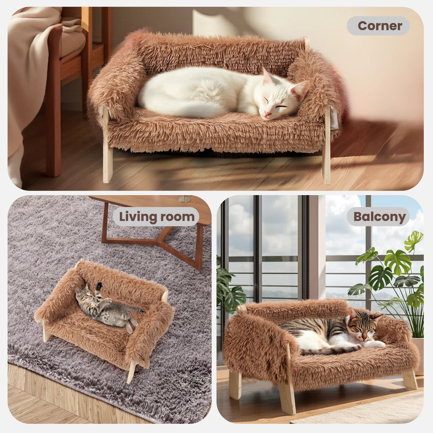 Raised Plush Cat Sofa Bed With Wooden Legs For Cats