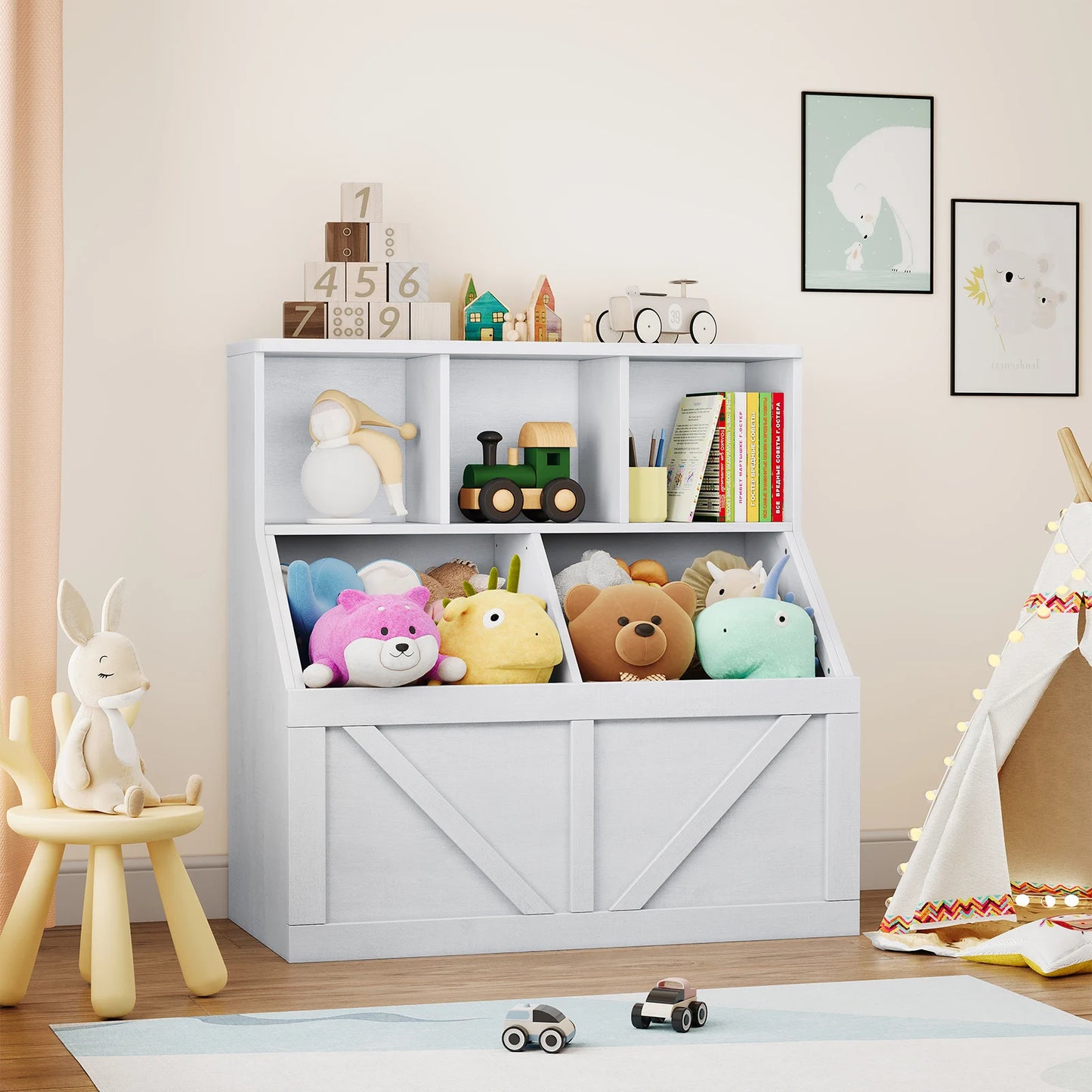 HobbyLane Kids Toy Storage Organizer With Bookshelf Anti Tip Cabinet
