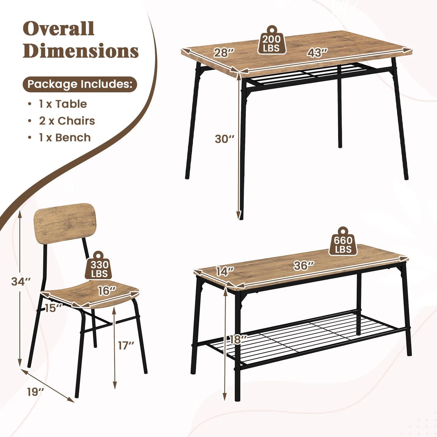 Homasis 4 Piece Dining Set With Bench And Two Chairs